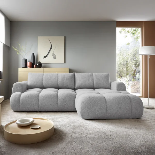 Divano letto con angolo a destra 4 posti 270x173cm con contenitore tessuto bouclé grigio chiaro Litos