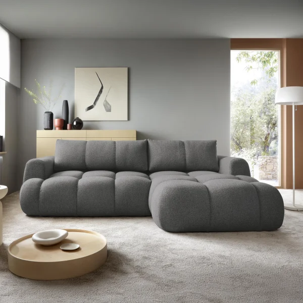 Divano letto con angolo a destra 4 posti 270x173cm con contenitore tessuto bouclé grigio scuro Litos