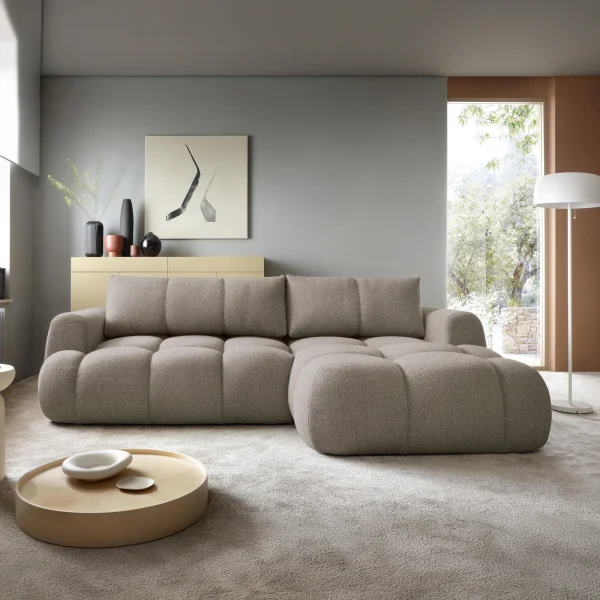 Divano letto con angolo a destra 4 posti 270x173cm con contenitore tessuto bouclé grigio tortora Litos