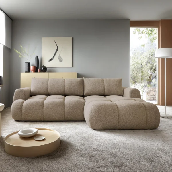 Divano letto con angolo a destra 4 posti 270x173cm con contenitore tessuto bouclé marrone chiaro Litos