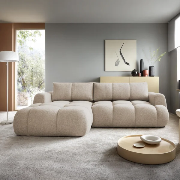Divano letto con angolo a sinistra 4 posti 270x173cm con contenitore tessuto bouclé beige Litos