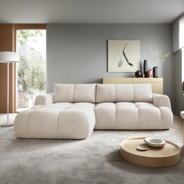 Divano letto con angolo a sinistra 4 posti 270x173cm con contenitore tessuto bouclé bianco crema Litos