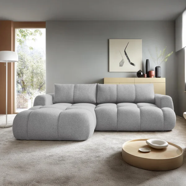 Divano letto con angolo a sinistra 4 posti 270x173cm con contenitore tessuto bouclé grigio chiaro Litos