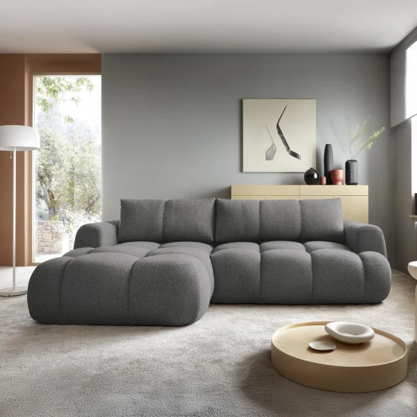 Divano letto con angolo a sinistra 4 posti 270x173cm con contenitore tessuto bouclé grigio scuro Litos