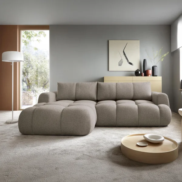 Divano letto con angolo a sinistra 4 posti 270x173cm con contenitore tessuto bouclé grigio tortora Litos