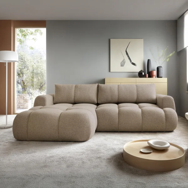 Divano letto con angolo a sinistra 4 posti 270x173cm con contenitore tessuto bouclé marrone chiaro Litos