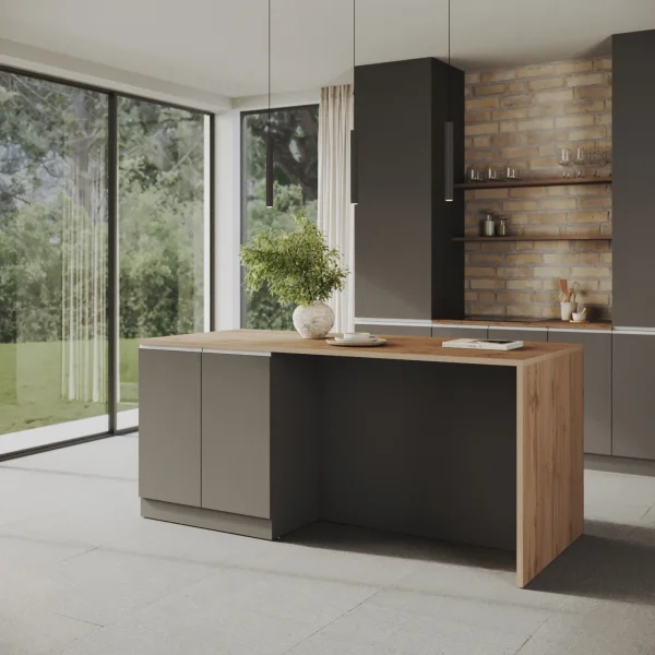 Isola cucina centrale 200x90 cm 4 ante antracite piano rovere Gourmet