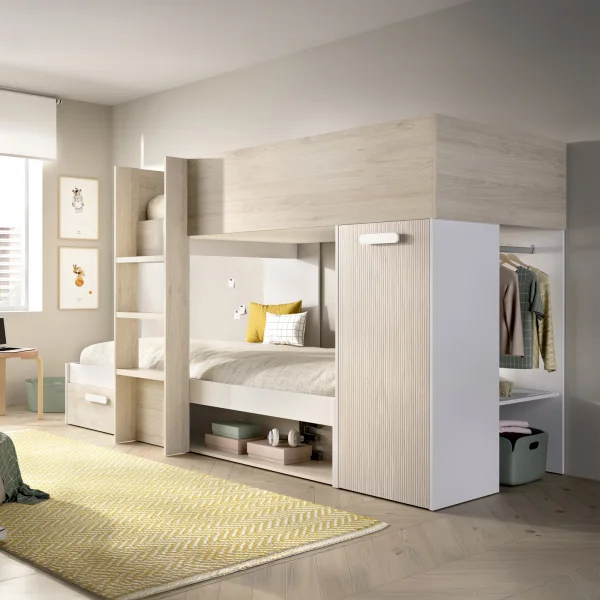 Letto a castello per bambini con armadio 246x150cm rovere bianco Simpy
