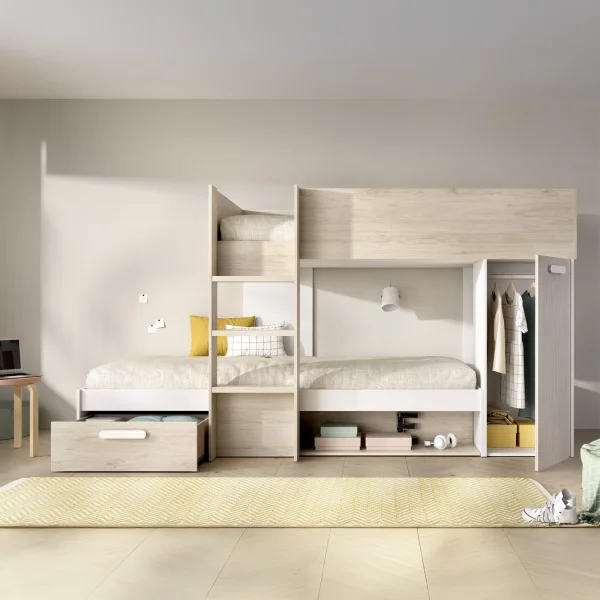 Letto a castello per bambini con armadio 246x150cm rovere bianco Simpy