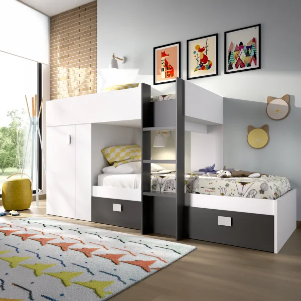Letto a castello per bambini con armadio 271x150cm nero bianco Pooh