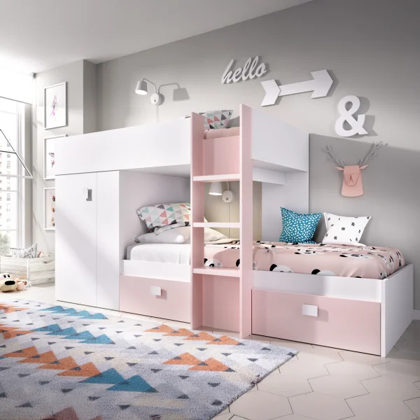 Letto a castello per bambini con armadio 271x150cm rosa bianco Pooh