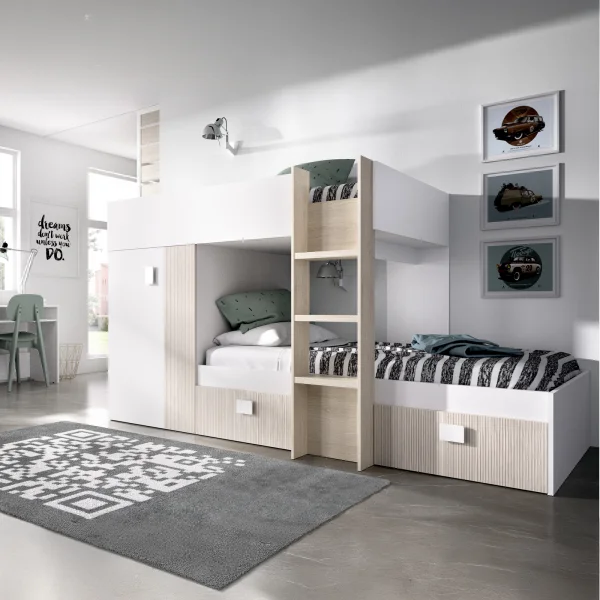 Letto a castello per bambini con armadio 271x150cm rovere bianco Pooh