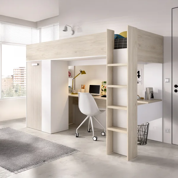 Letto a castello per bambini con scrivania e armadio 205x177cm rovere bianco Lenny