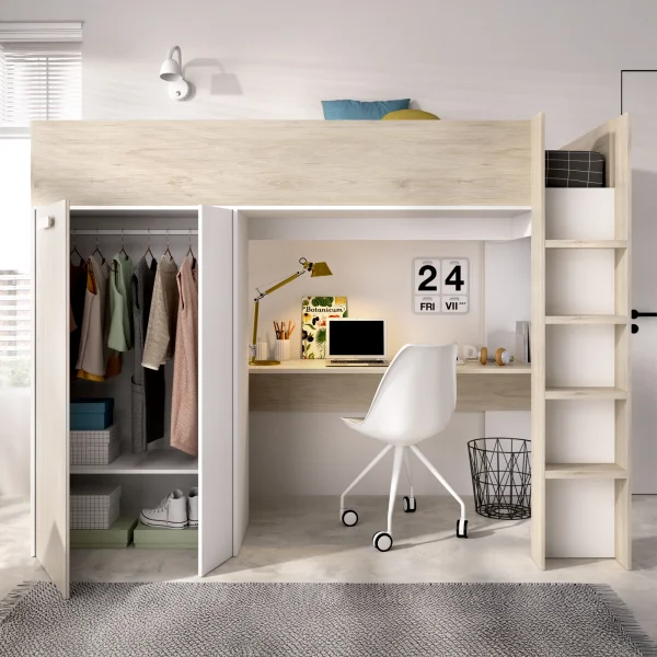 Letto a castello per bambini con scrivania e armadio 205x177cm rovere bianco Lenny
