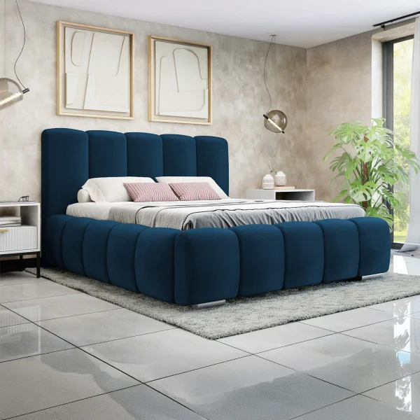 Letto alla francese 140x200 cm con rete contenitore imbottito blu scuro Cometa