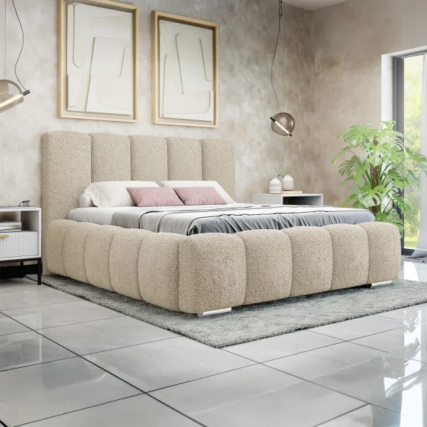 Letto alla francese 140x200 cm con rete contenitore imbottito tessuto bouclé beige Cometa