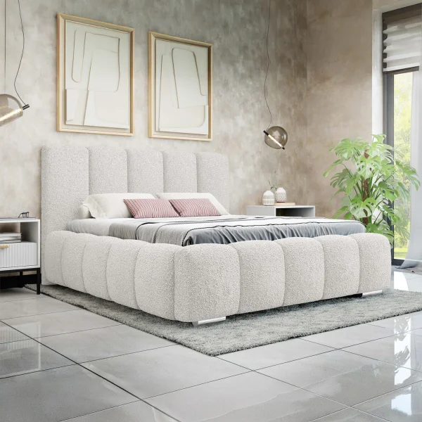 Letto alla francese 140x200 cm con rete contenitore imbottito tessuto bouclé bianco Cometa