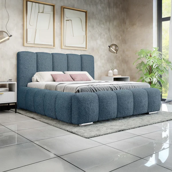 Letto alla francese 140x200 cm con rete contenitore imbottito tessuto bouclé blu Cometa