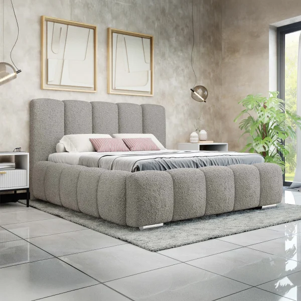 Letto alla francese 140x200 cm con rete contenitore imbottito tessuto bouclé grigio chiaro Cometa