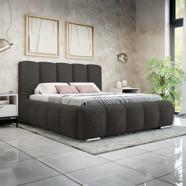 Letto alla francese 140x200 cm con rete contenitore imbottito tessuto bouclé nero Cometa