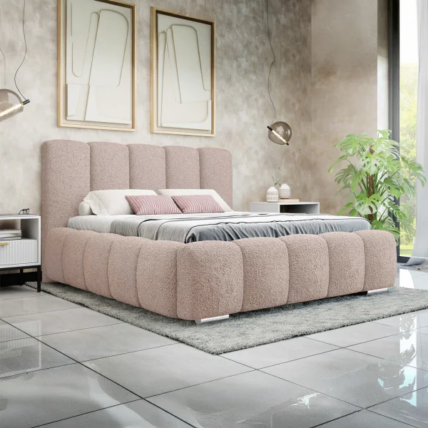 Letto alla francese 140x200 cm con rete contenitore imbottito tessuto bouclé rosa Cometa
