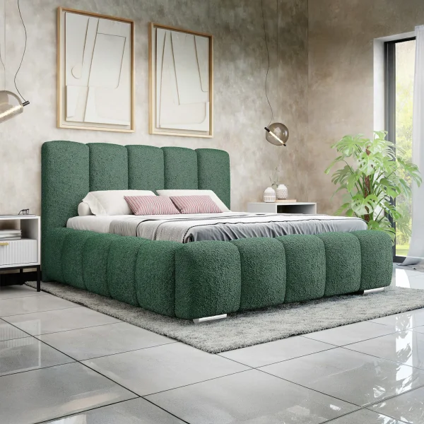 Letto alla francese 140x200 cm con rete contenitore imbottito tessuto bouclé verde Cometa