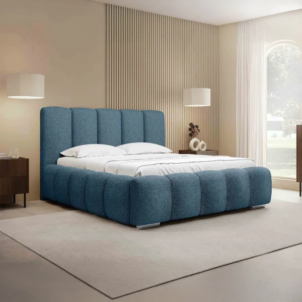 Letto matrimoniale 160x200 cm con rete contenitore imbottito tessuto bouclé blu Cometa