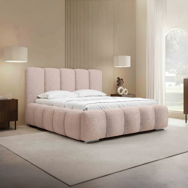 Letto matrimoniale 160x200 cm con rete contenitore imbottito tessuto bouclé rosa Cometa