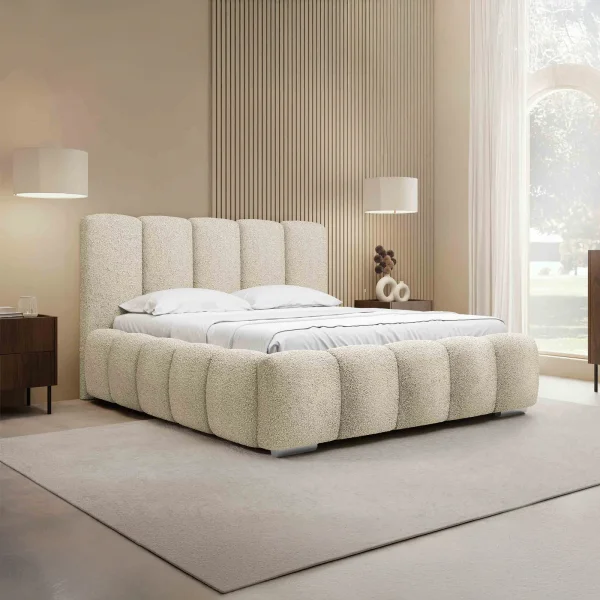 Letto matrimoniale oversize 180x200 cm con rete contenitore imbottito tessuto bouclé beige Cometa