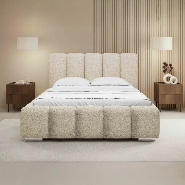 Letto matrimoniale oversize 180x200 cm con rete contenitore imbottito tessuto bouclé beige Cometa