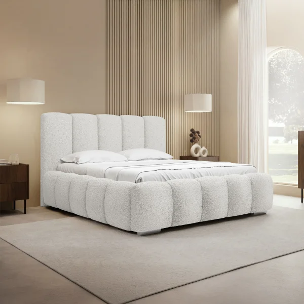 Letto matrimoniale oversize 180x200 cm con rete contenitore imbottito tessuto bouclé bianco Cometa