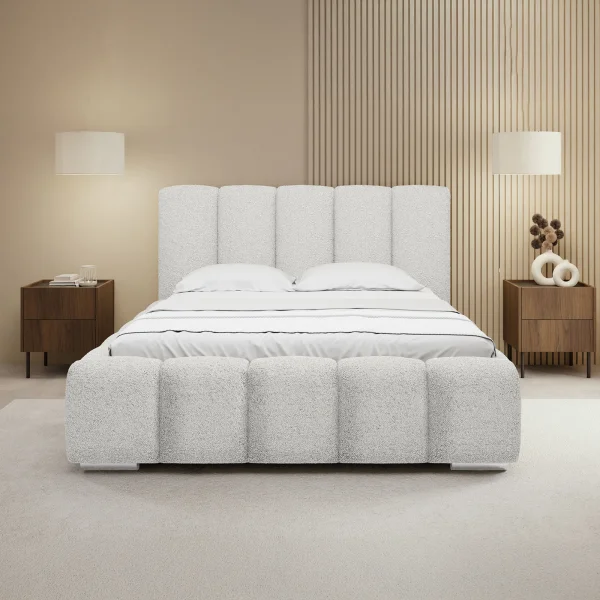 Letto matrimoniale oversize 180x200 cm con rete contenitore imbottito tessuto bouclé bianco Cometa