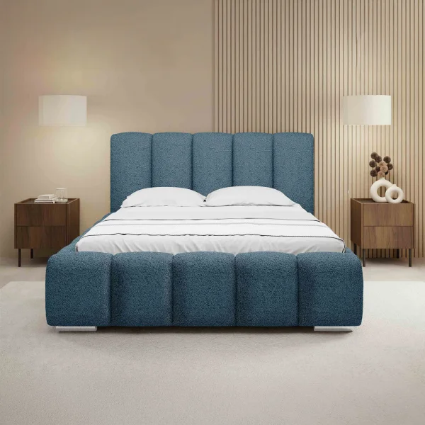Letto matrimoniale oversize 180x200 cm con rete contenitore imbottito tessuto bouclé blu Cometa