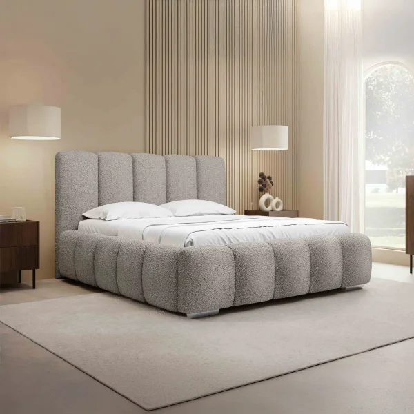 Letto matrimoniale oversize 180x200 cm con rete contenitore imbottito tessuto bouclé grigio chiaro Cometa