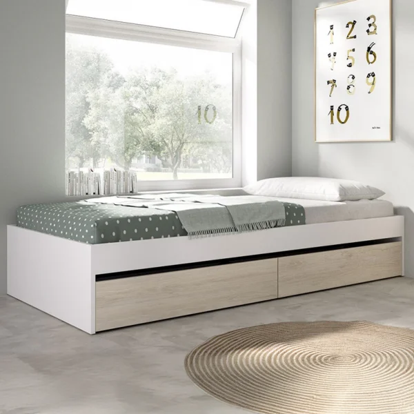 Letto singolo 90x190cm con 2 cassettoni bianco rovere Bellix