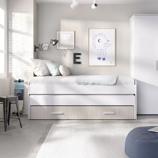 Letto singolo 90x190cm estraibile con cassettone bianco rovere Domingo