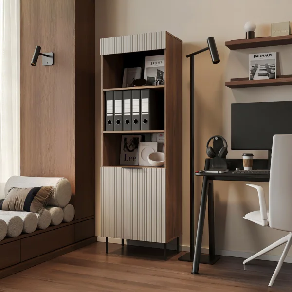 Libreria 60x185h cm 1 anta 3 vani a giorno beige cashmere noce Serenia