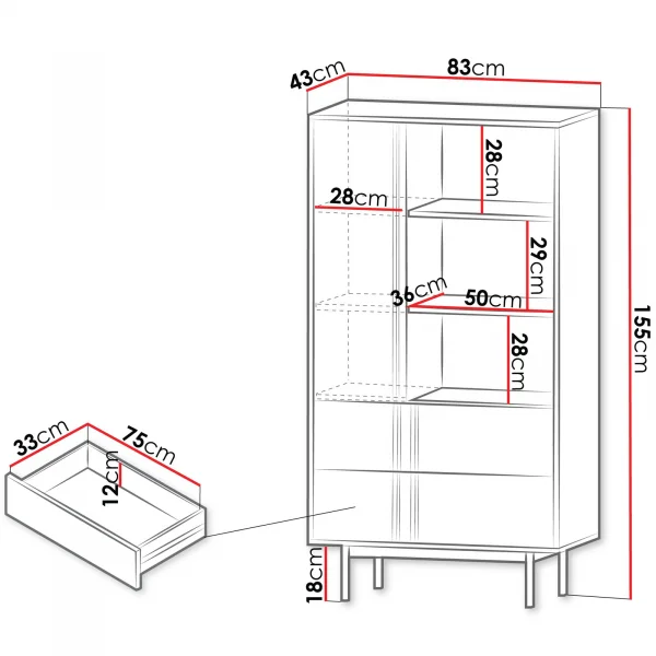 Libreria 83x155 cm 1 anta 2 cassetti antracite rovere Essenzia
