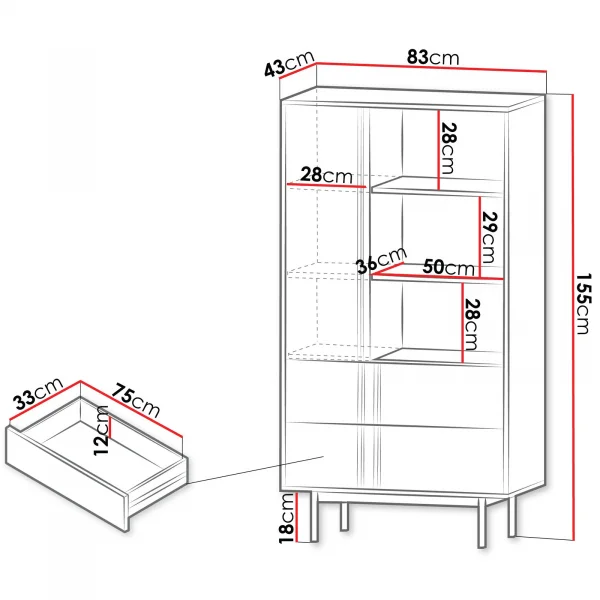 Libreria 83x155 cm 1 anta 2 cassetti antracite verde Essenzia