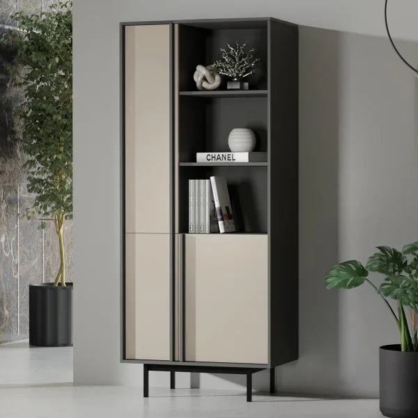 Libreria 83x195 cm 3 ante 3 vani a giorno antracite beige Essenzia