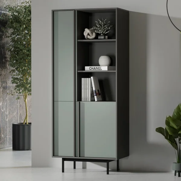 Libreria 83x195 cm 3 ante 3 vani a giorno antracite verde Essenzia