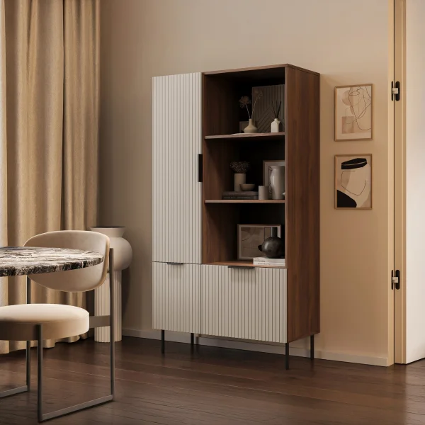 Libreria 90x166h cm 3 ante 3 vani a giorno beige cashmere noce Serenia