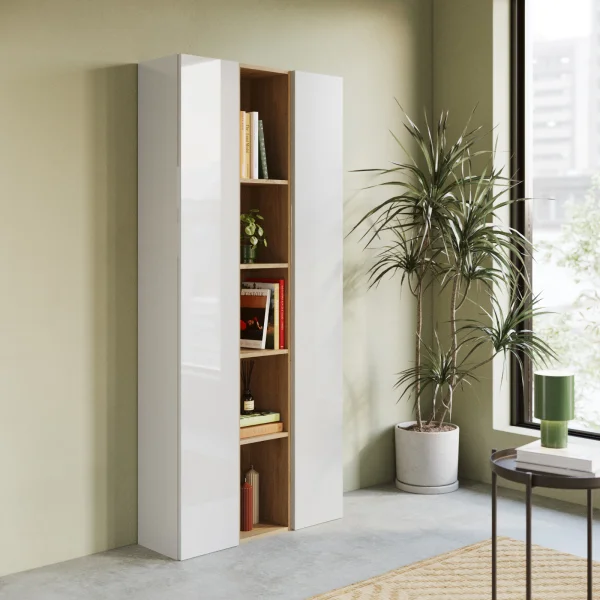 Libreria moderna 84x186h cm 2 ante bianco lucido rovere chiaro Sunset