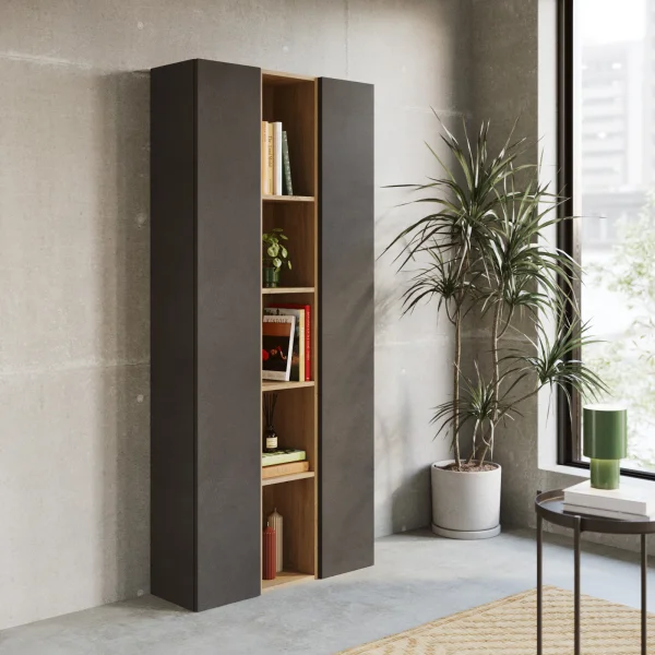 Libreria moderna 84x186h cm 2 ante ossido nero rovere chiaro Sunset