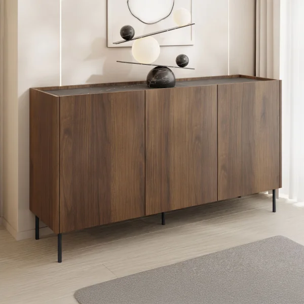 Madia 144x78h cm 3 ante 3 ripiani piano effetto marmo nero noce Caliva