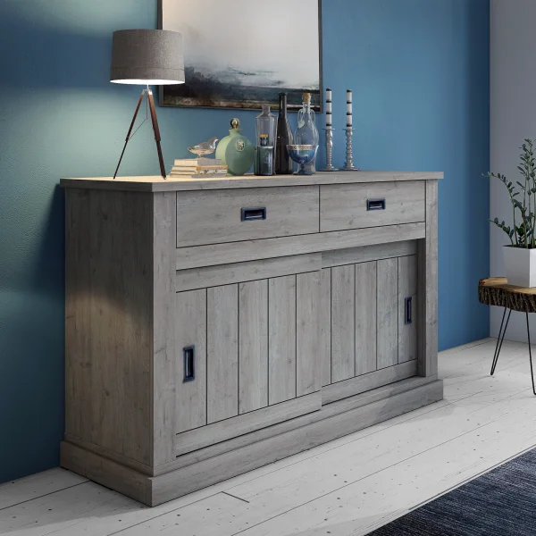 Madia 150x100h cm 2 ante scorrevoli 2 cassetti soggiorno rovere grigio nero Islen