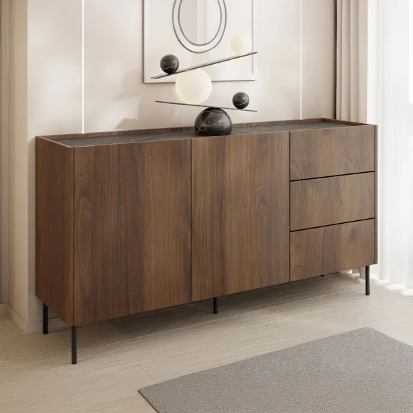 Madia 160x78h cm 2 ante 3 cassetti piano effetto marmo nero noce Caliva