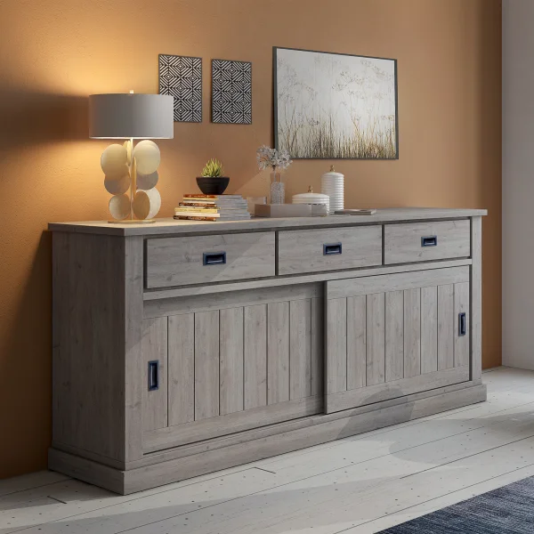 Madia 215x96h cm 2 ante scorrevoli 3 cassetti soggiorno rovere grigio nero Islen