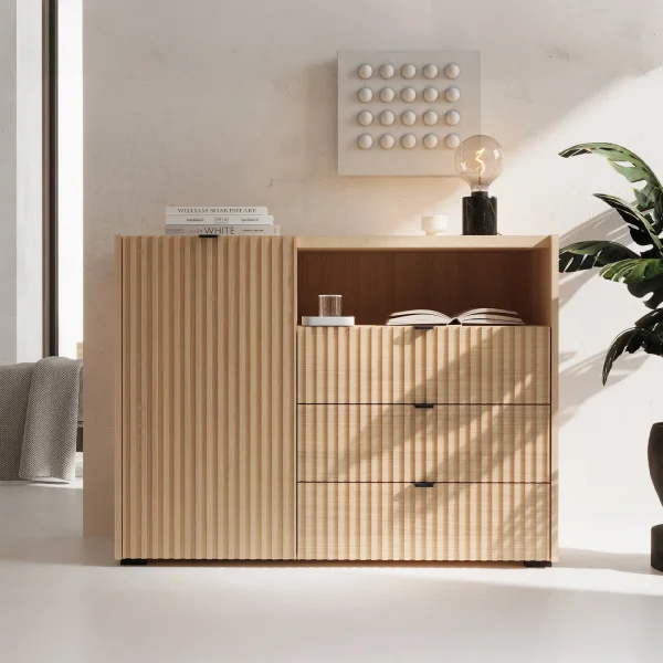 Madia moderna 106x80h cm cannettato 3 cassetti rovere Sally