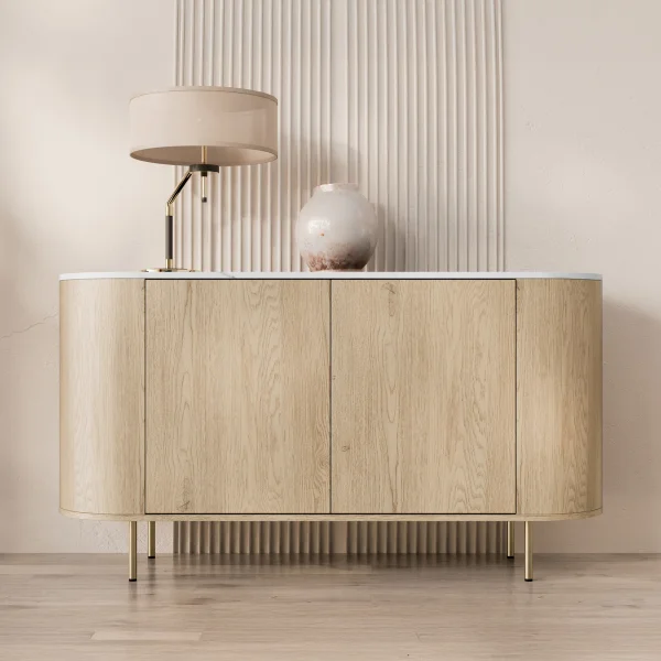 Madia moderna 139x75h cm 2 ante rovere effetto marmo bianco Roundi